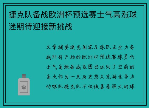 捷克队备战欧洲杯预选赛士气高涨球迷期待迎接新挑战